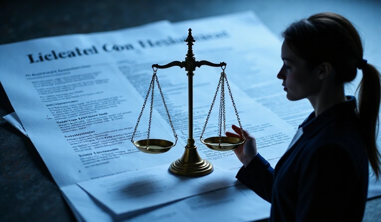 Jogi dokumentumok és egy mérleg, amely a jogok és az adatvédelem egyensúlyát szimbolizálja