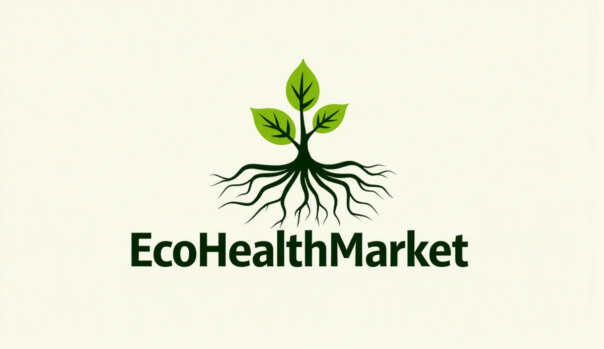Absztrakt illusztráció a növekedésről és a gyökerekről, amely az EcoHealthMarket alapítását és fejlődését szimbolizálja, zöld és földszínekkel, organikus formákkal.